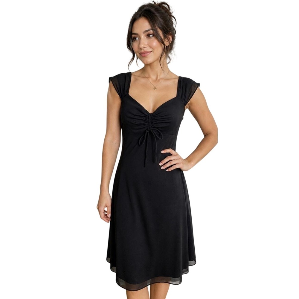 VTG Y2K De Laru Sheila Yen Black Ruched Tie Front Babydoll Dress Dark Romantic S